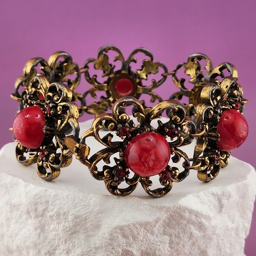 Red Cabochon Rhinestone Filigree Bracelet Antiqued Gold Tone Gothic Statement